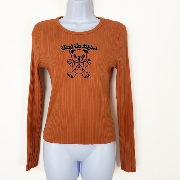 FOREVER21 Orange Don’t be a jerk ribbed long sleeve top tee fitted Large - Picture 2 of 5